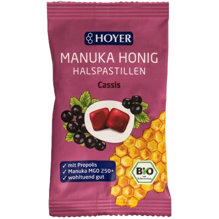 HOYER - Manukahonig Halspastillen Cassis - 30g | Miraherba Bonbons